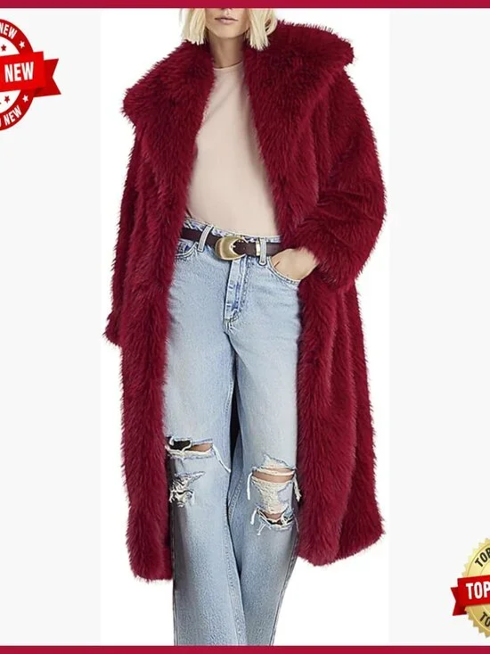 Long Faux Fur Coat Winter Warm Fluffy Overcoat Lapel Collar Regular Fit - Picture 1 of 7